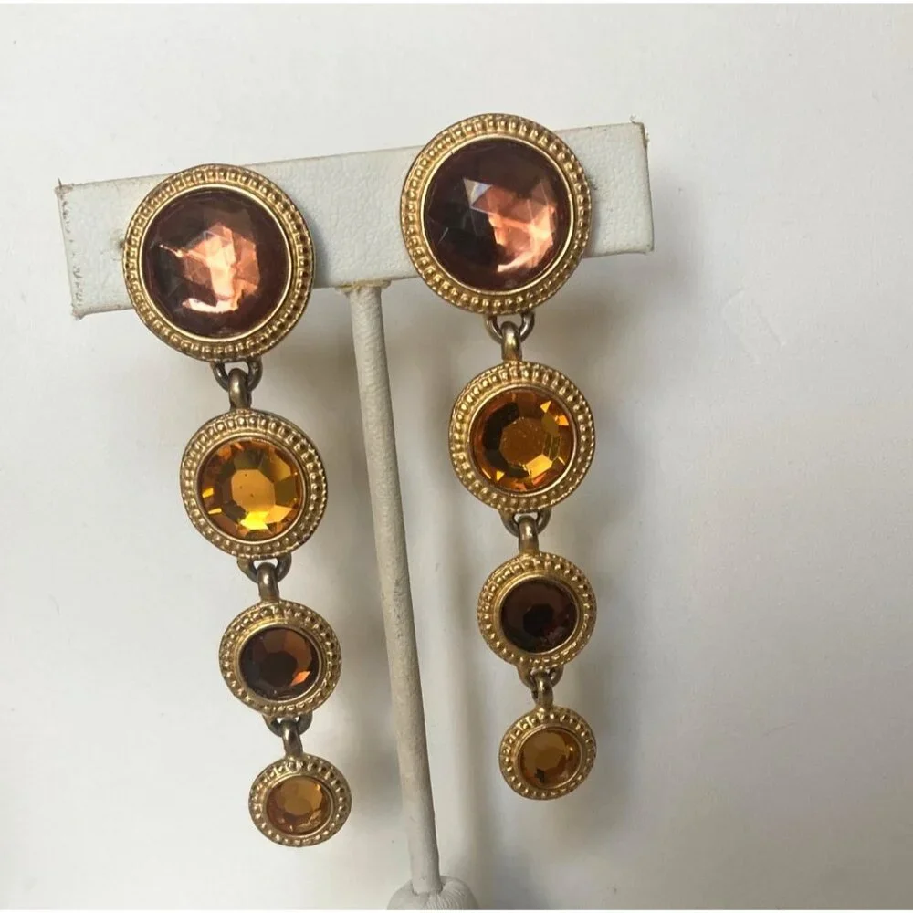 Vintage Ben Amun Clip On Dangle Earrings Amber Gold Tone Gems Regency Statement - Picture 6 of 9